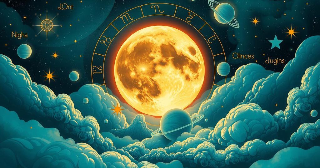 A cosmic scene illustrating zodiac signs under a vibrant full moon with planetary alignments in calming teal and golden hues.