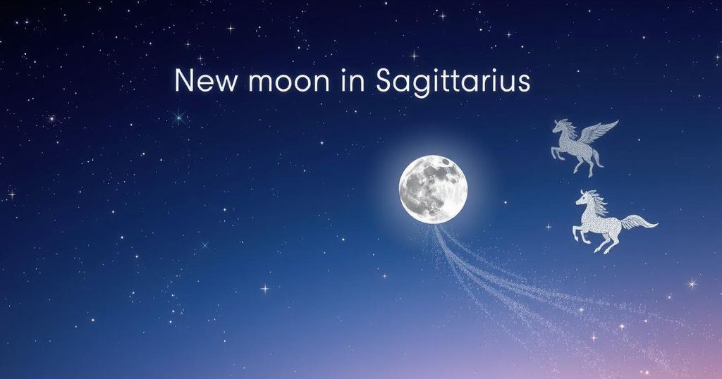 Animated cosmic scene of Sagittarius new moon with zodiac signs in a starry night sky, featuring vibrant colours.