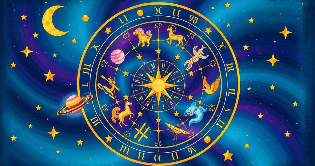 Colorful horoscope wheel with zodiac signs and celestial elements, invoking cosmic energy and astrological insights.