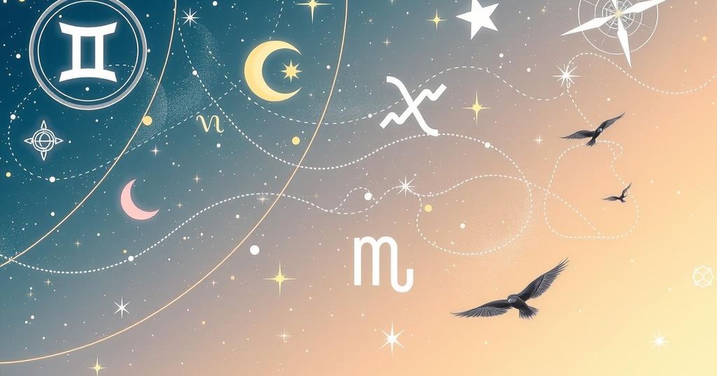 A celestial background featuring zodiac symbols, soft pastel colours, and cosmic elements suggesting astrology and healing.