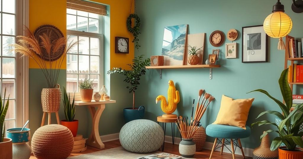 Creative and inspiring domestic space with artistic elements and inviting colour scheme, representing renewal and inspiration.