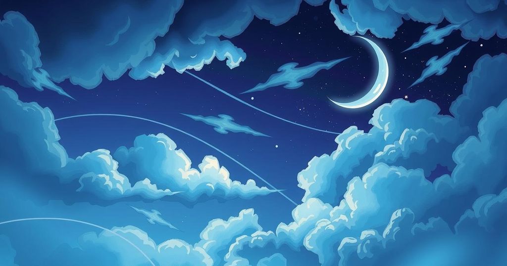 A serene and mystical night sky with soft flowing clouds and a crescent moon, embodying a tranquil cosmic atmosphere.