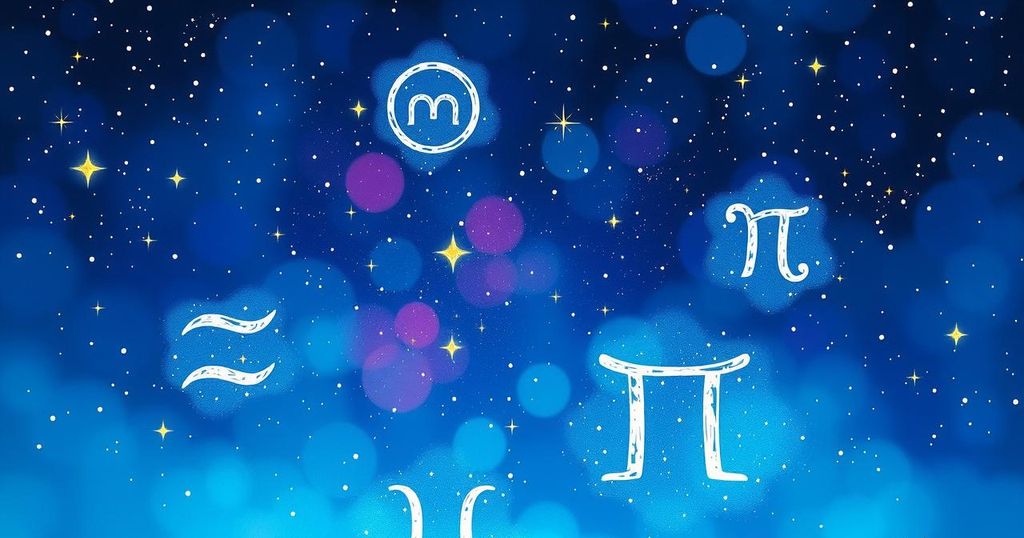 Starry night sky with zodiac signs, featuring Gemini symbol, vibrant colours, and cosmic energy to represent astrology.