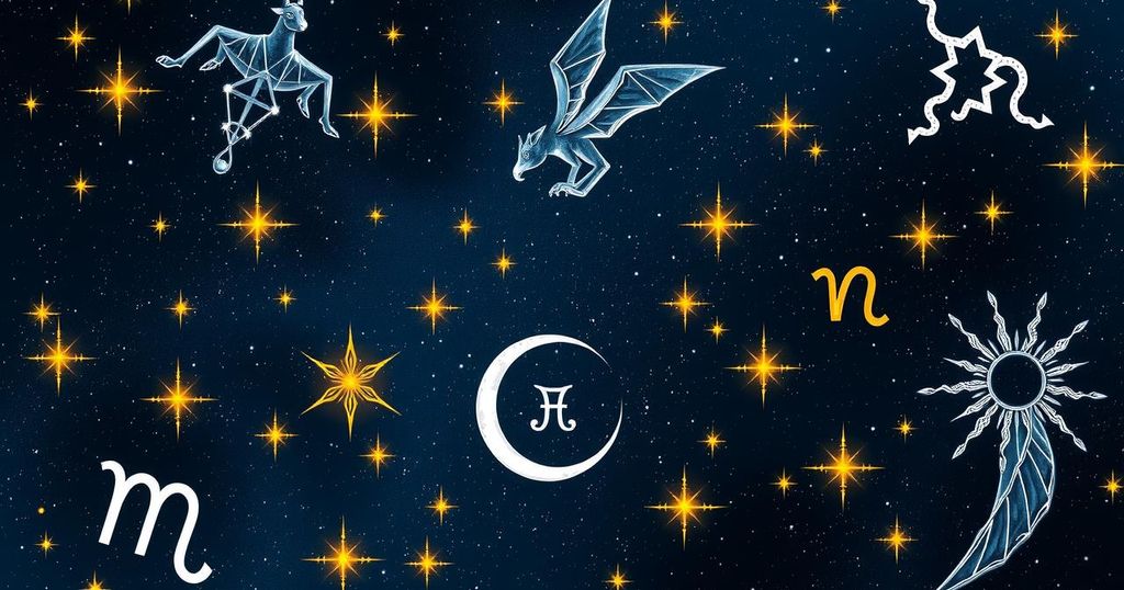Astrology symbols representing zodiac signs against a starry night background, in a cosmic colour scheme.
