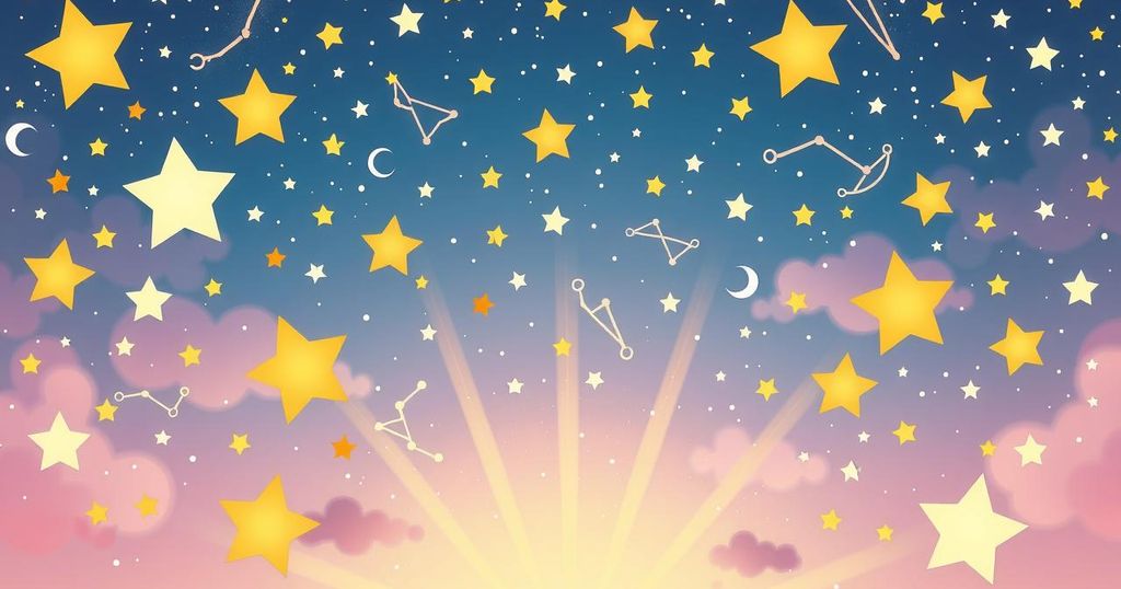 A celestial scene with vibrant stars representing astrological shifts and a playful, colourful environment.
