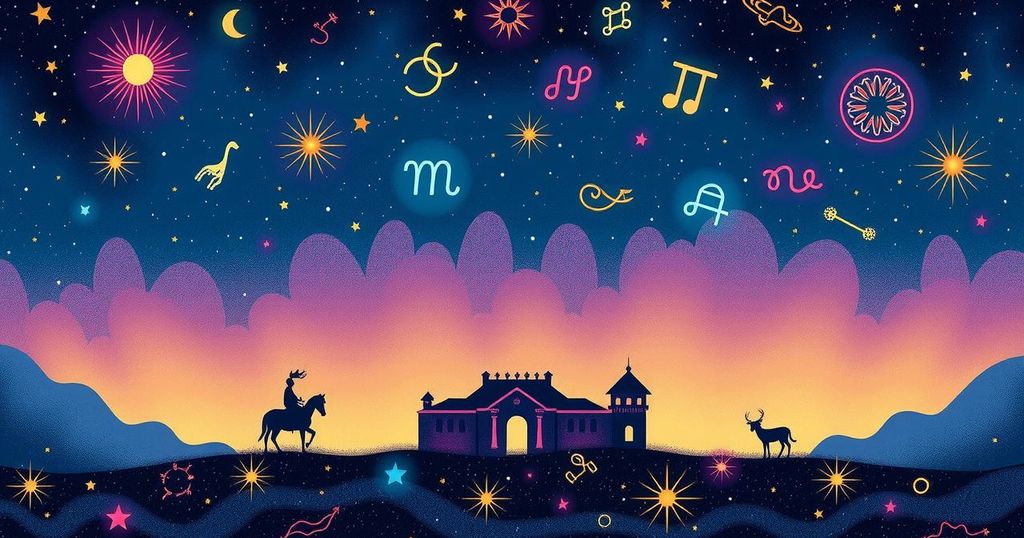 A mystical scene representing zodiac signs with celestial symbols and stars in a vibrant colour palette.