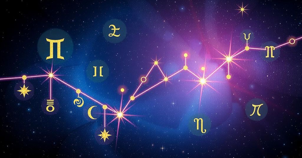 Astrological symbols and a cosmic starry background reflecting Zodiac signs' forecasts for the week ahead.