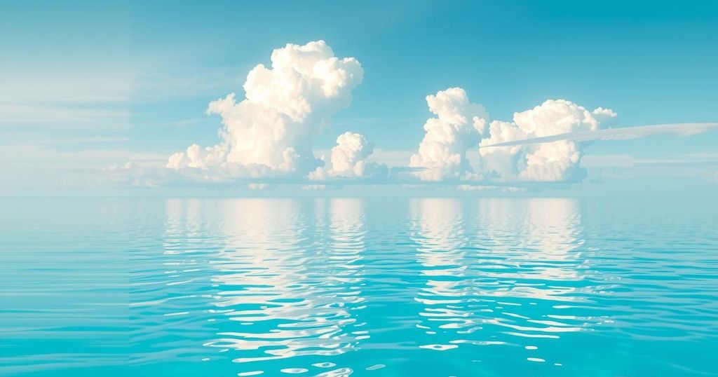 A tranquil scene showcasing a turquoise sky reflecting calm water, symbolising emotional balance and serenity.