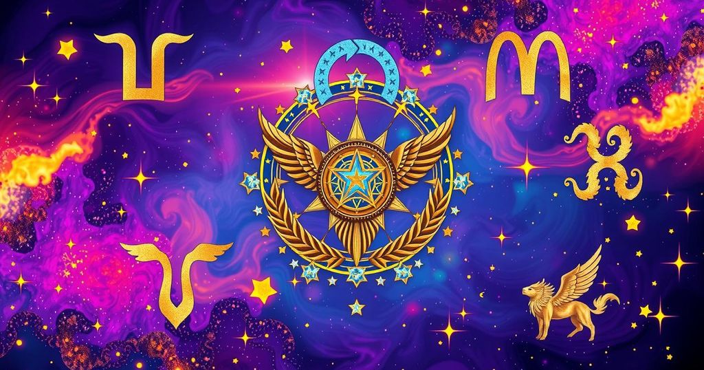 Astrological symbols on a colourful cosmic backdrop, representing zodiac signs with vibrant hues.