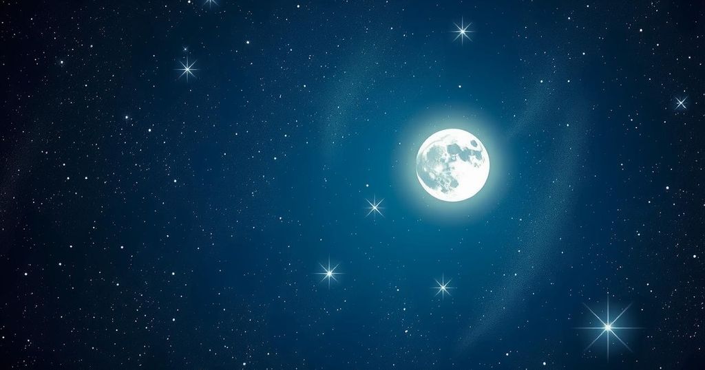 A starry night sky with constellations and a glowing new moon, symbolizing astrological guidance and fresh beginnings.
