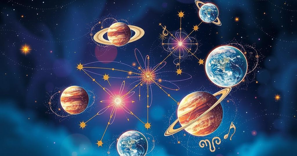A cosmic illustration depicting astrological symbols, planets, and a serene cosmic background for horoscope themes.