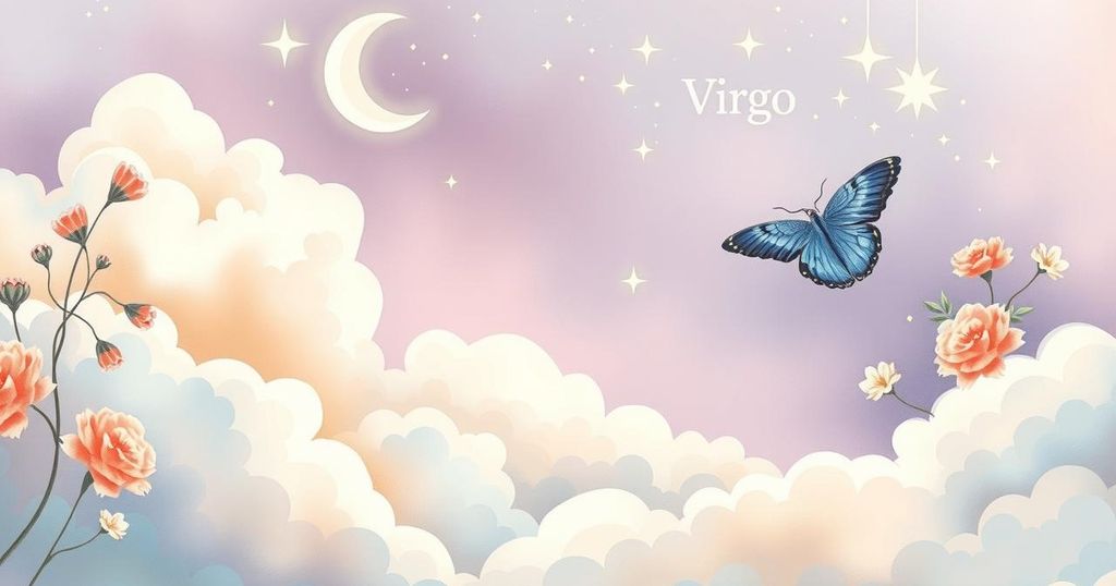 A dreamy astrological scene depicting Virgo's idealism and charm with soft colours and a whimsical atmosphere.
