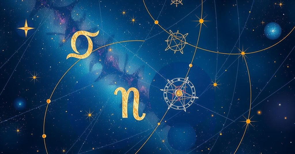 A cosmic themed illustration depicting astrological symbols in a vibrant starry sky with planets in motion.