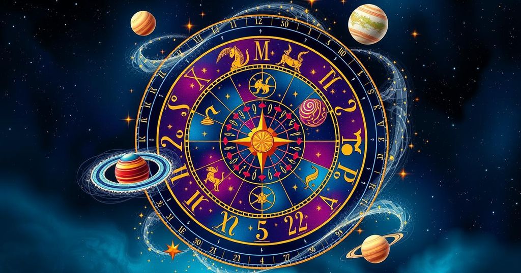 Astrological symbols with zodiac wheel, surrounded by colourful celestial elements representing daily horoscopes.