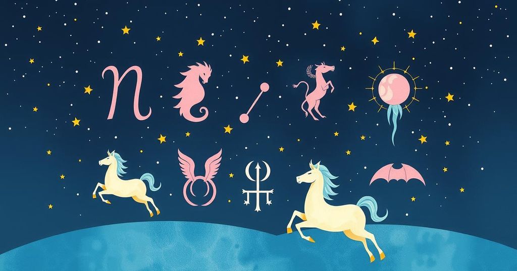 Astrological symbols arranged in a celestial background, showcasing zodiac signs with an ethereal colour palette.