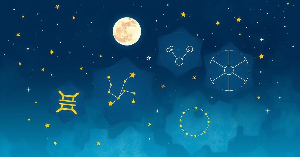 Celestial illustration with astrological symbols under a night sky, featuring a serene moon and vibrant constellations.