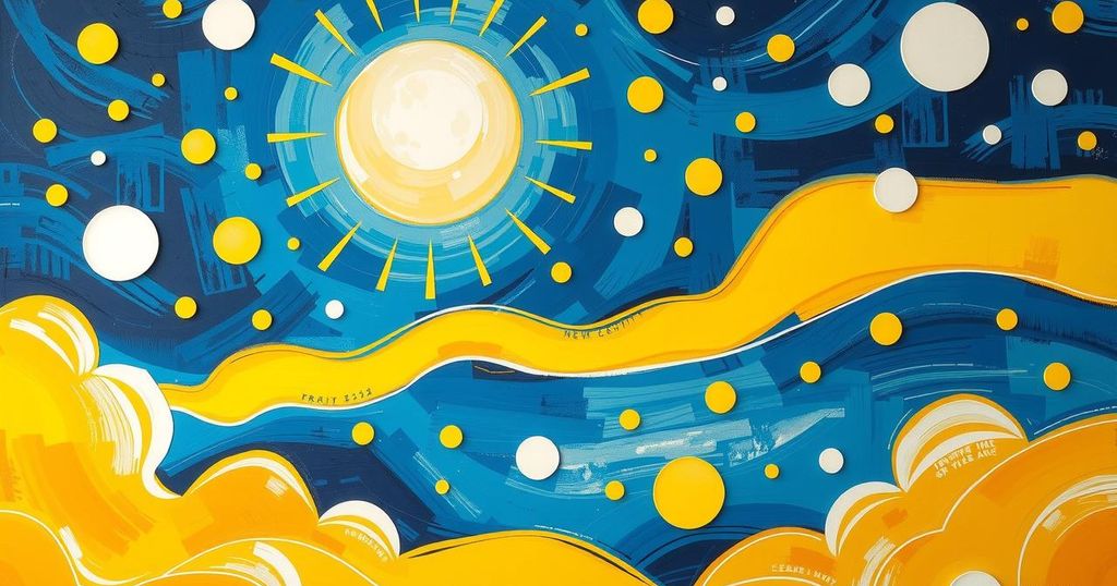 A vibrant new moon in the sky over playful, abstract shapes representing creativity and fresh starts during Gemini season.