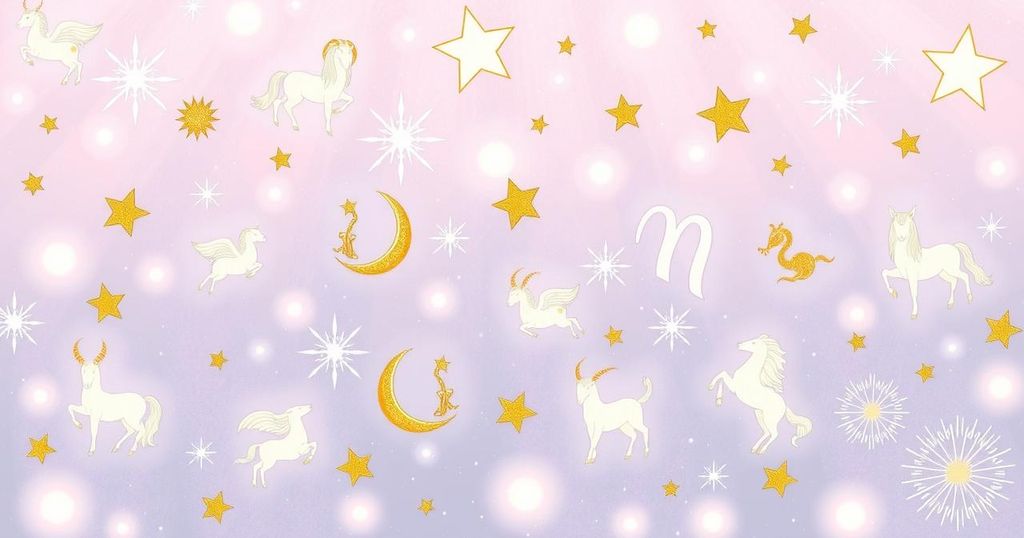 A celestial illustration depicting various zodiac signs intertwined with stars and constellations in a dreamy pastel palette.