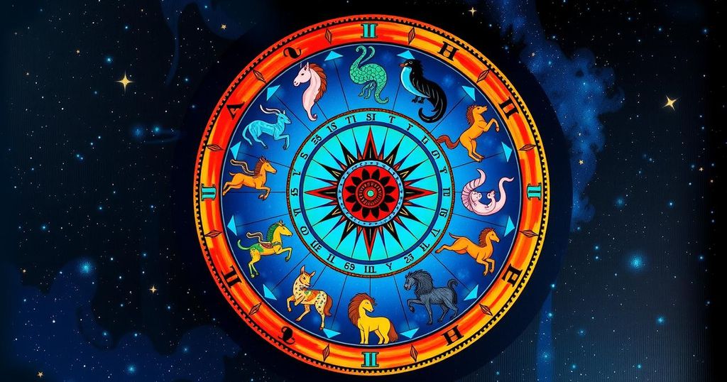 A colourful zodiac wheel featuring all twelve signs, radiating cosmic energy with a starry background.