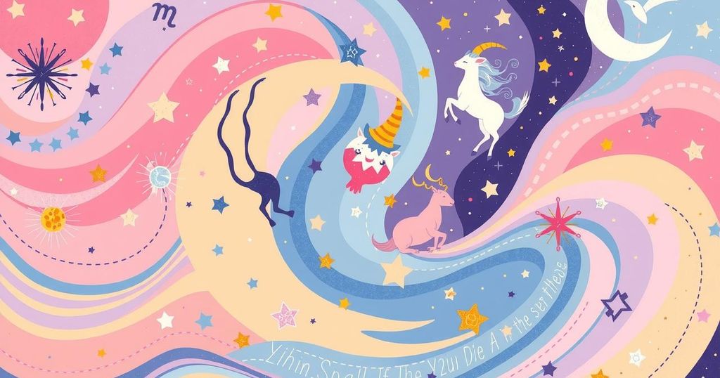 Colourful horoscope illustration with zodiac symbols and astrological signs, bright pastel colours reflecting positive energy