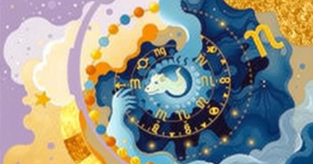 Artistic representation of astrology symbols and zodiac signs with vibrant colours and abstract patterns.