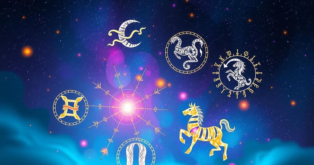 A cosmic scene featuring zodiac symbols in vibrant colours representing insights and connections.