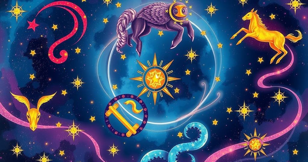 Zodiac signs represented by astrological symbols and constellations in vibrant colours against a starry background.