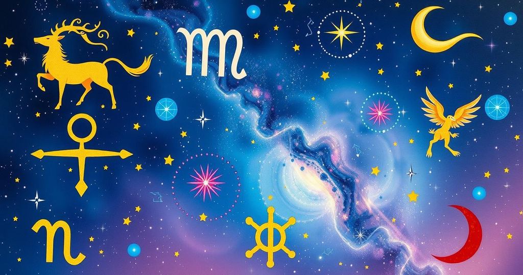 A colourful celestial illustration depicting zodiac signs with astrological symbols and a starry backdrop.