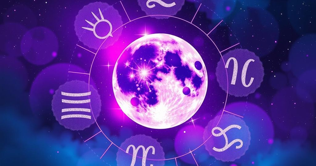 Astrological elements with cosmic stars, moon phases, and zodiac signs in vibrant hues of purple and blue.