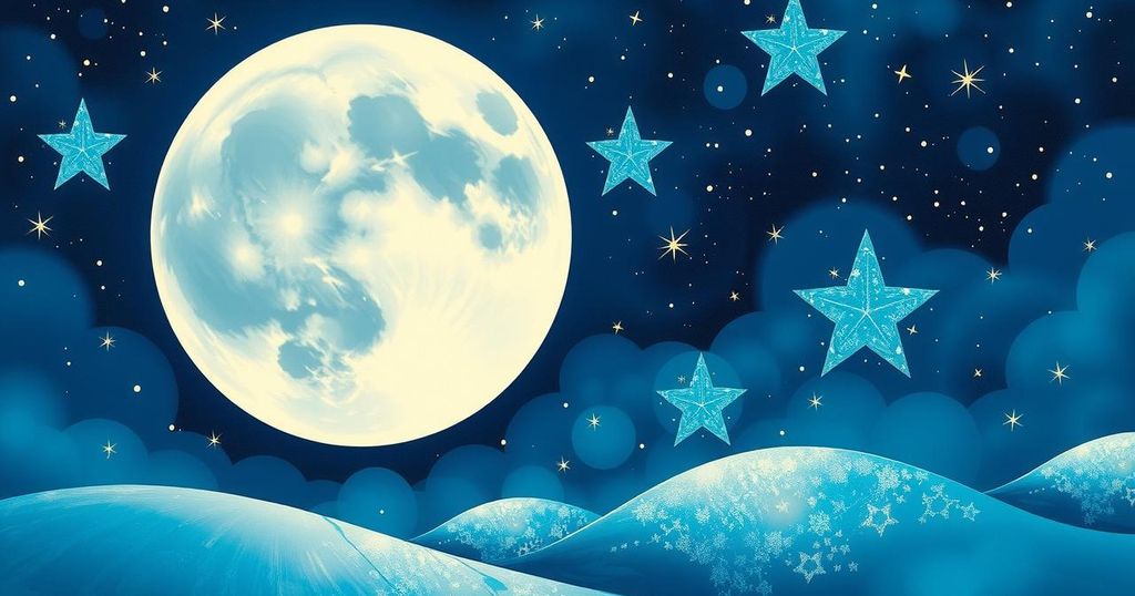 Celestial scene depicting a vibrant moon in a playful night sky with stars, symbolizing creativity and inspiration.