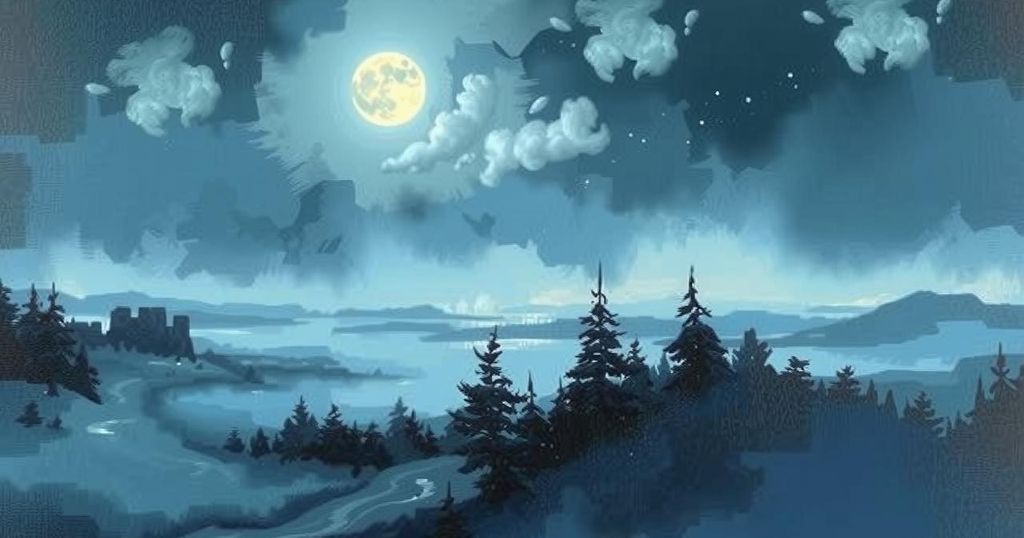 A serene night sky with a Last Quarter Moon illuminating a tranquil landscape, symbolising self-reflection and calm.