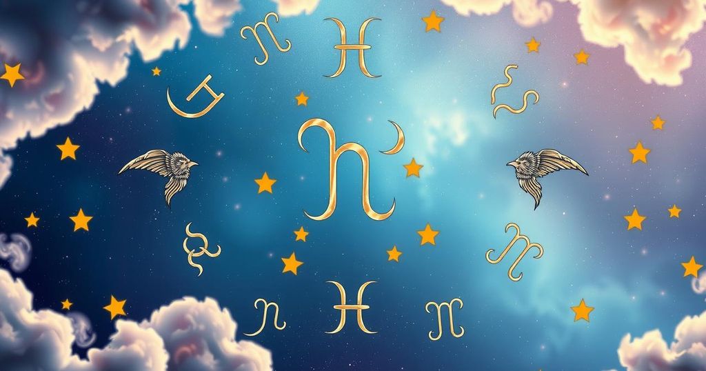 Twelve zodiac symbols in a celestial background, highlighting astrological forecasts for the week with vibrant colours.