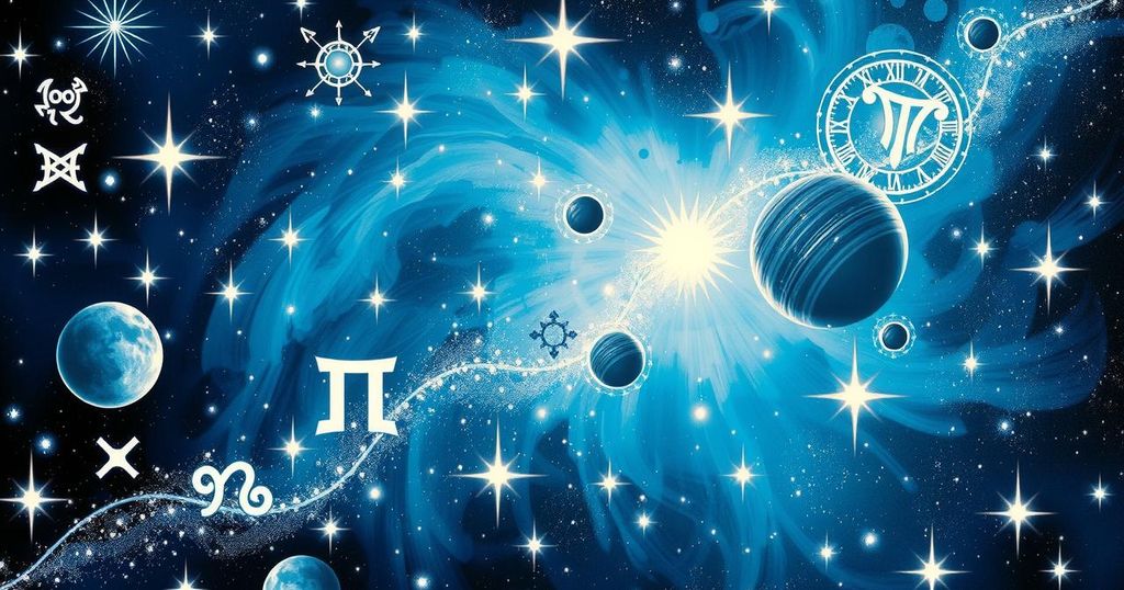 Astrological symbols with celestial elements, showcasing vibrant blues and silvers against a cosmic background.
