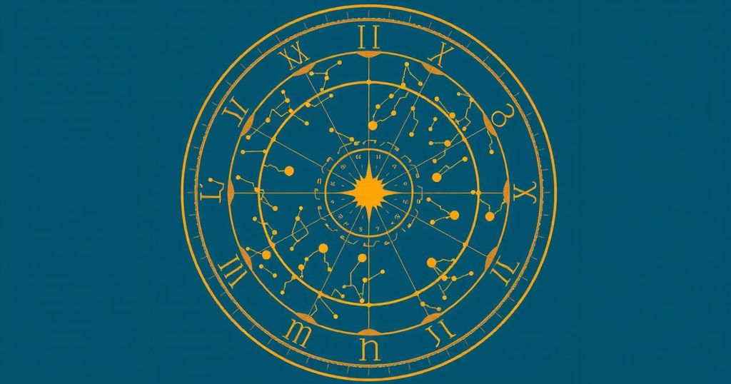 A vibrant zodiac wheel showcasing astrological symbols against a cosmic starry background.