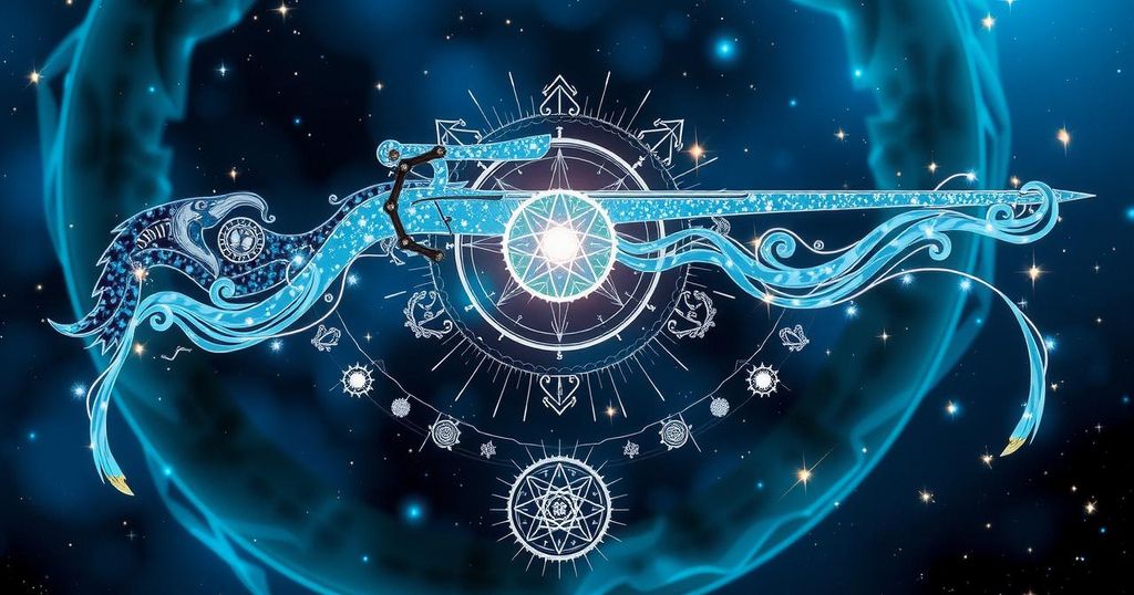 A celestial-themed image showcasing the zodiac sign Sagittarius, with stars and astrological symbols, in a calming blue palette.