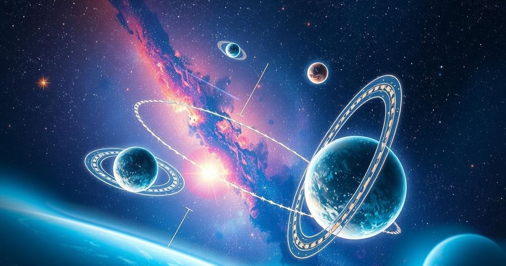 A cosmic scene with astrological symbols, vibrant colours, and celestial bodies reflecting energy shifts for the week.