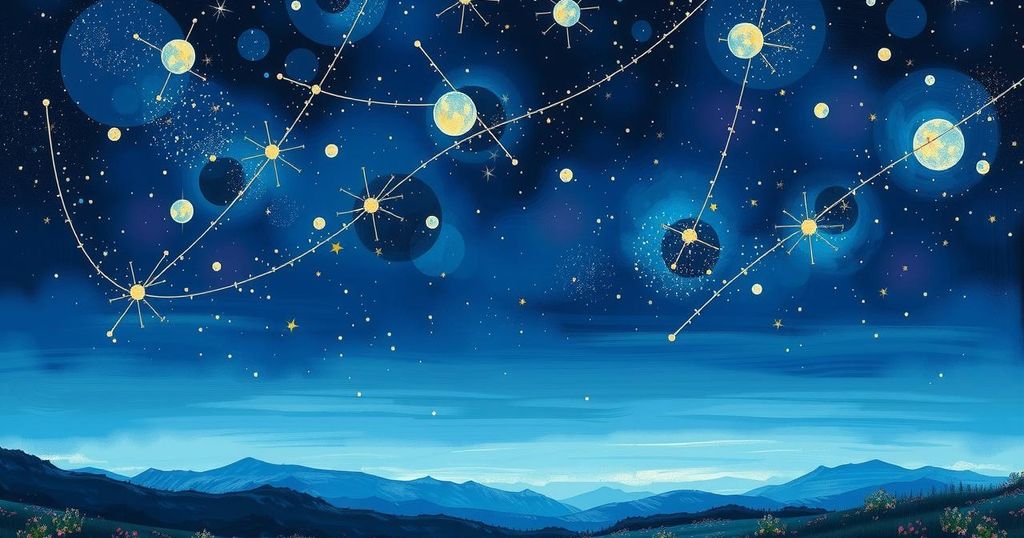 A celestial scene with a starry night sky and glowing constellations, showcasing mystical colours of deep blues and purples.