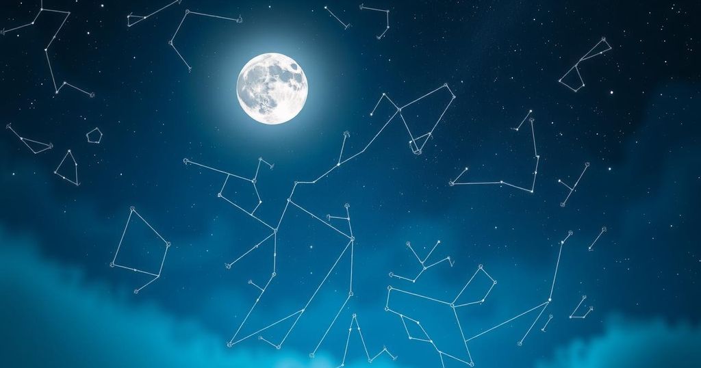 A serene night sky with constellations and a glowing moon, symbolizing introspection and emotional connection.