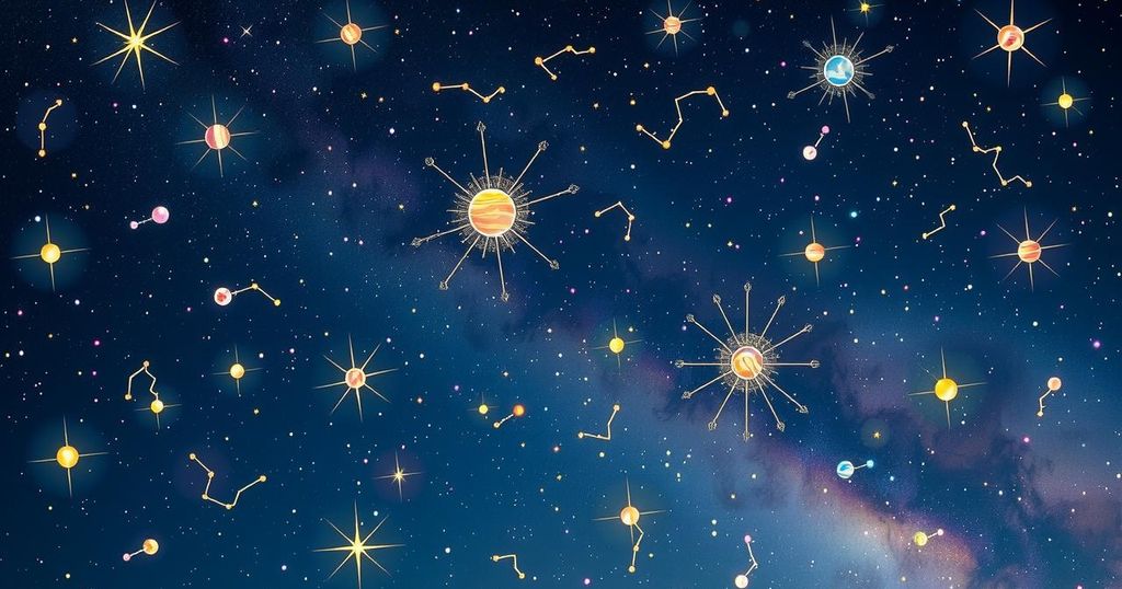 Colourful starry night sky with constellations representing astrological signs and cosmic elements in vibrant hues.