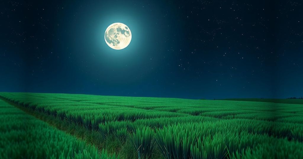 Lush green field under a starry night sky, with a glowing new moon illuminating a tranquil scene.
