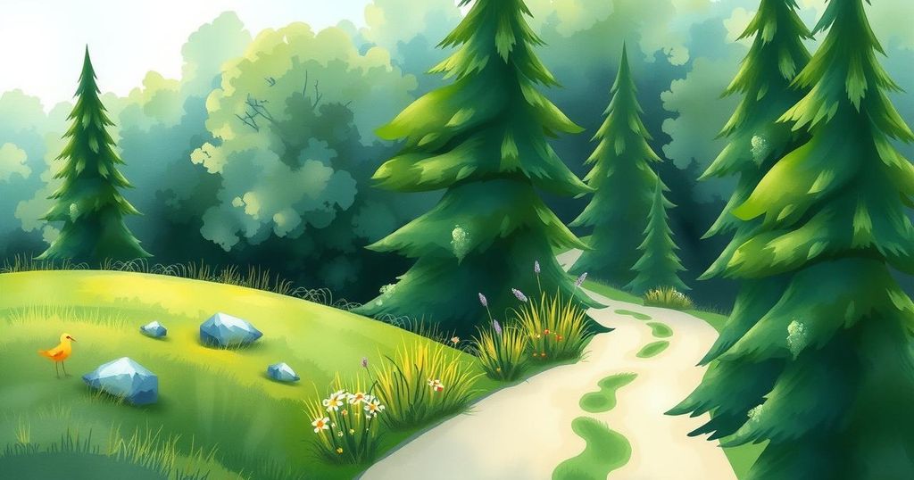 A serene landscape featuring a tranquil tree-lined path and a calm sky, evoking a sense of peace and reflection.