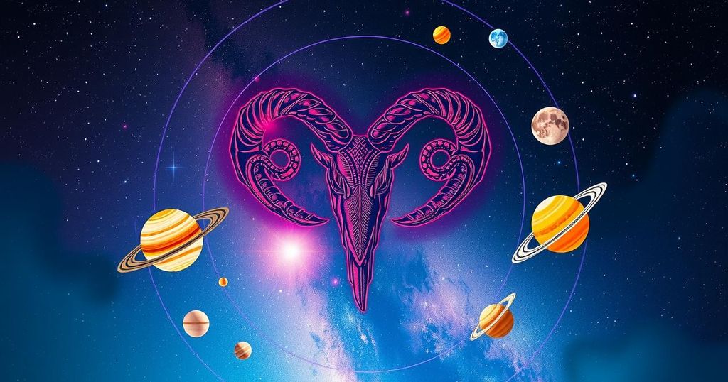 Cosmic map of Aries season with zodiac symbols, celestial bodies, and vibrant colours for astrology enthusiasts.