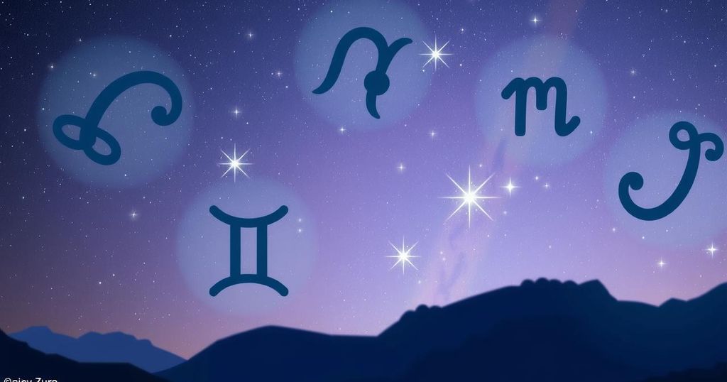 A mystical scene of zodiac symbols with a starry night background and a calming colour palette of blues and purples.