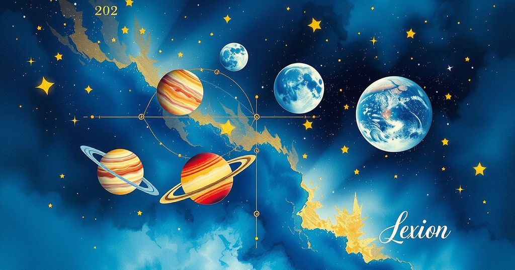 A vibrant cosmic scene illustrating an astrological theme with celestial symbols and bright colours.