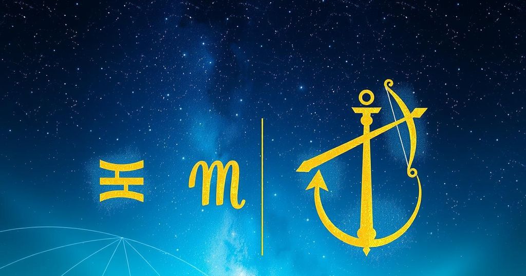 Astrological symbols and elements on a celestial background with vibrant hues of blue and gold.