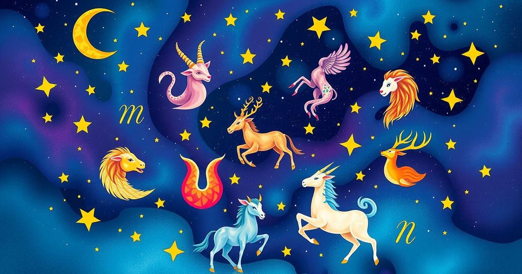 Astrological symbols representing zodiac signs with vibrant colours and celestial motifs, reflecting positive energy.