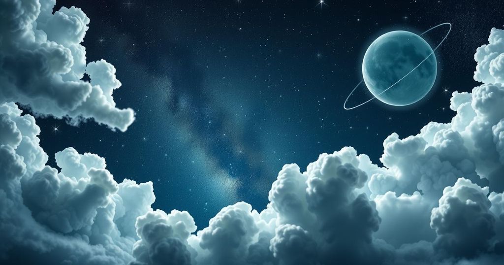 Starry night sky with astrological symbols and mystical elements representing love and relationships.