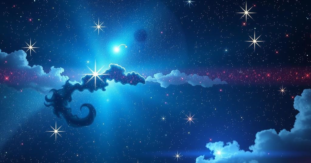 Starry sky with zodiac symbols illuminated, representing powerful horoscopes and transformative energy of April.