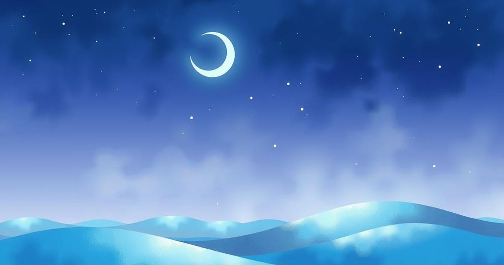 A serene night sky with a crescent moon shining brightly over a tranquil landscape, captured in soft pastel colours.