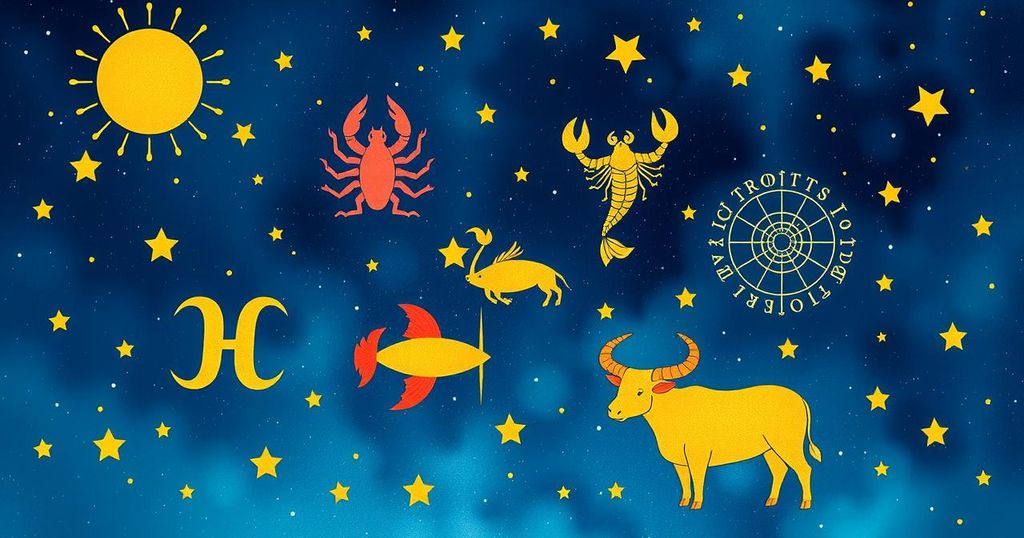 Astrology symbols depicting five zodiac signs with stars and celestial backdrop for a positive week ahead.
